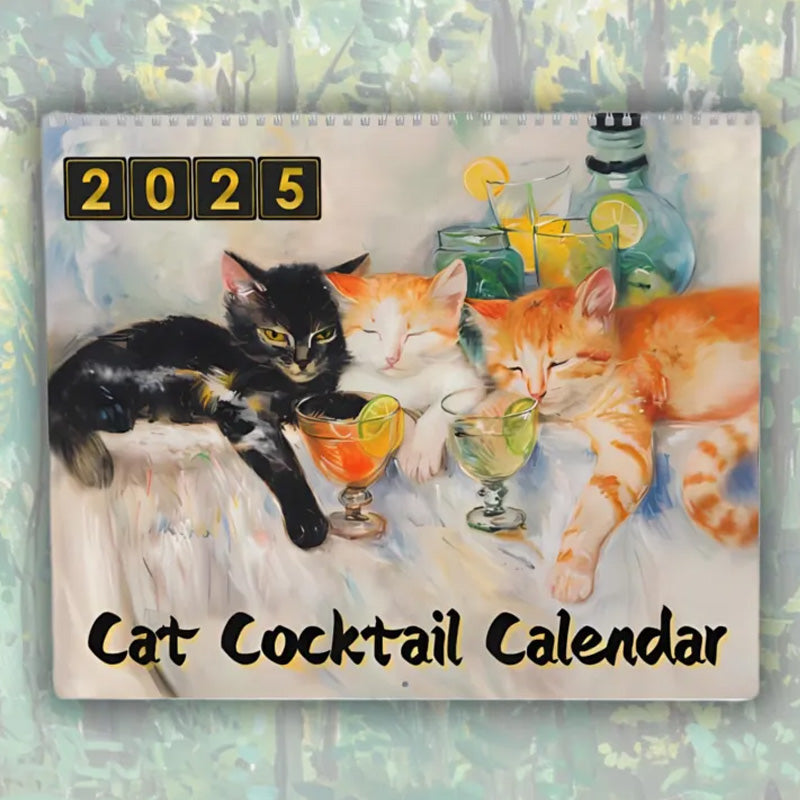 Stylish 2025 wall calendar featuring cats enjoying cocktails, perfect cat gift & planning for animal lovers