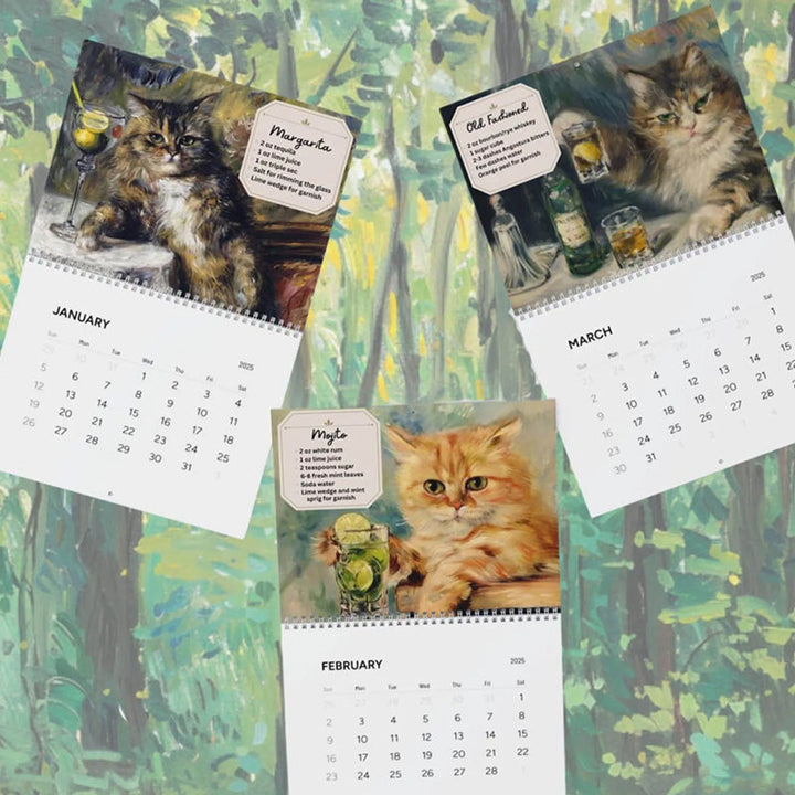 Close-up of a month page in the 2025 Feline Cocktail Calendar, showing cat artwork & dates, ideal wall decor