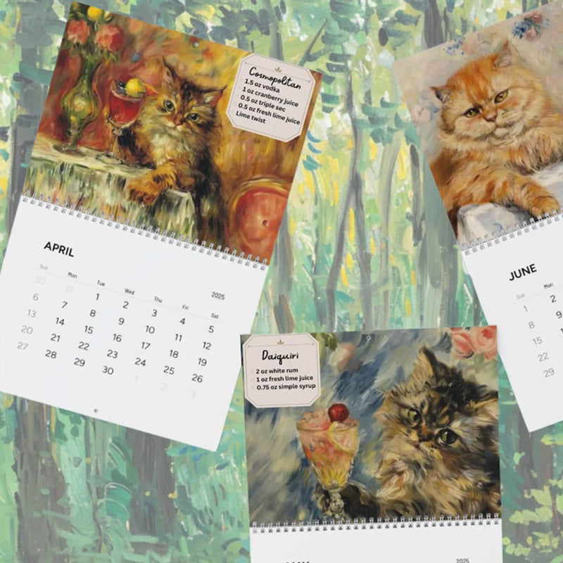 Stack of 2025 Feline Cocktail Calendars, ready for shipping, a perfect cat gift and paper goods item
