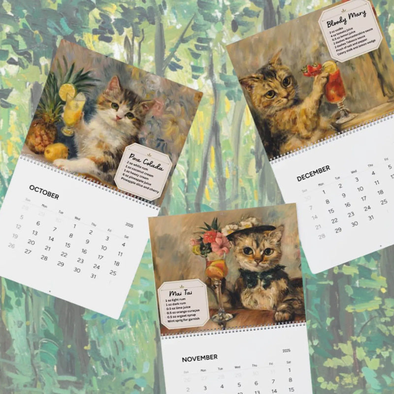 Detail of a cat illustration from the 2025 Feline Cocktail Wall Calendar, artistic & fun wall decor