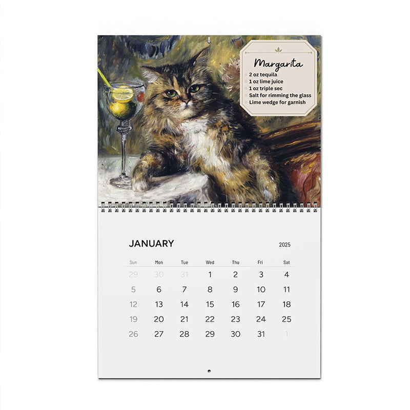 A cat playfully interacting with the 2025 Feline Cocktail Wall Calendar, a fun cat gift & decor idea
