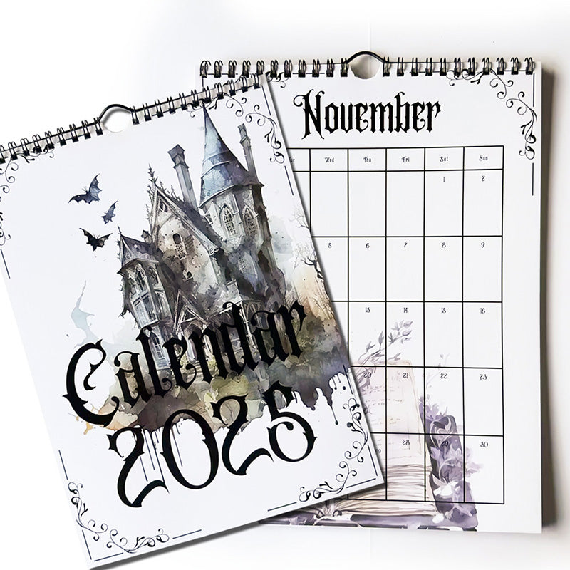 Different gothic castle illustrations featured in the 2025 wall calendar, showcasing diverse artwork.