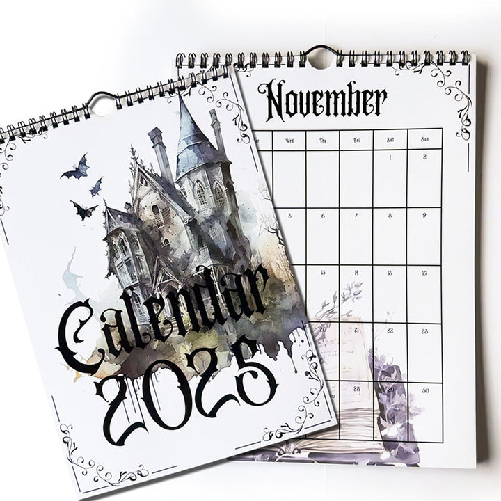 Different gothic castle illustrations featured in the 2025 wall calendar, showcasing diverse artwork.
