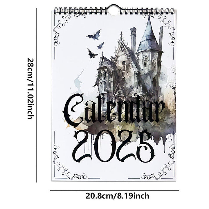 The 2025 Gothic Castle Theme Wall Calendar displayed open on a rustic wooden table.