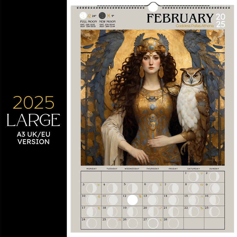 Detailed Art Nouveau goddess illustration on multi-colored 2025 Moon Phase Calendar