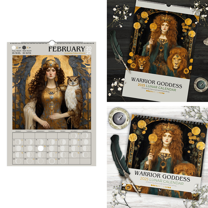 Eco-conscious 2025 Moon Phase Calendar with mystical Art Nouveau goddess art