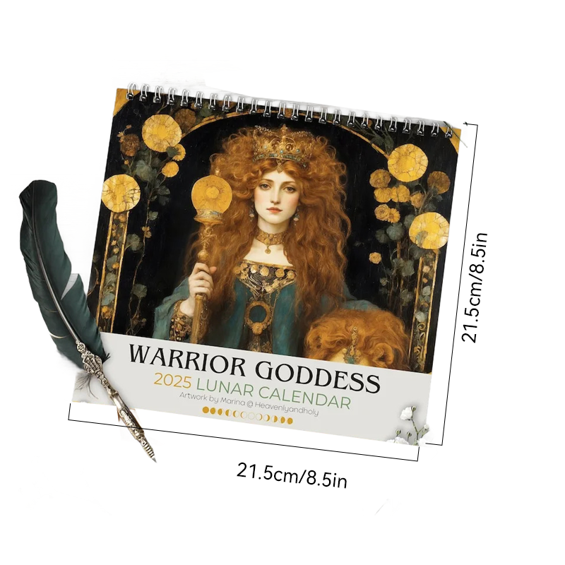 Spiritual 2025 Moon Phase Calendar, Art Nouveau goddess design for moon cycle tracking