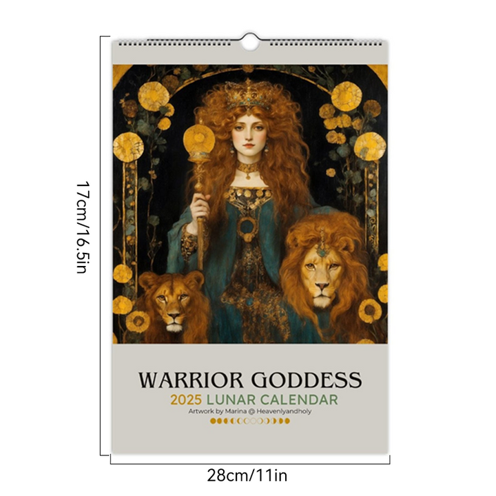 Art Nouveau goddess artwork on a vertical 2025 Moon Phase Calendar, a mystical gift