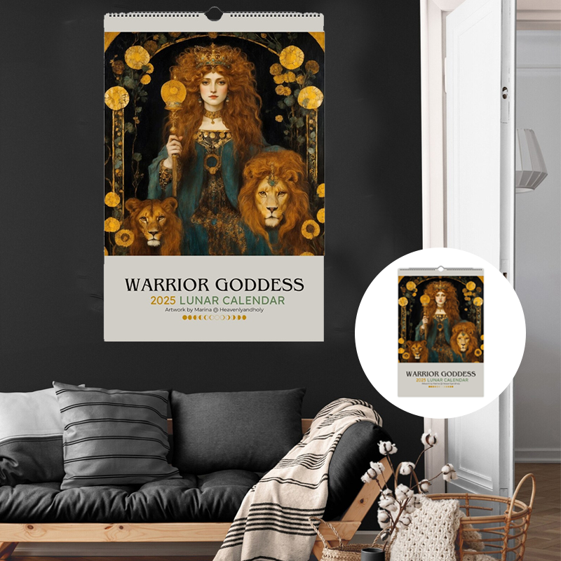Unisex Moon Phase 2025 Calendar with intricate Art Nouveau goddess illustration