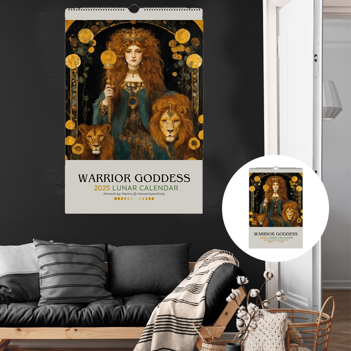 Unisex Moon Phase 2025 Calendar with intricate Art Nouveau goddess illustration