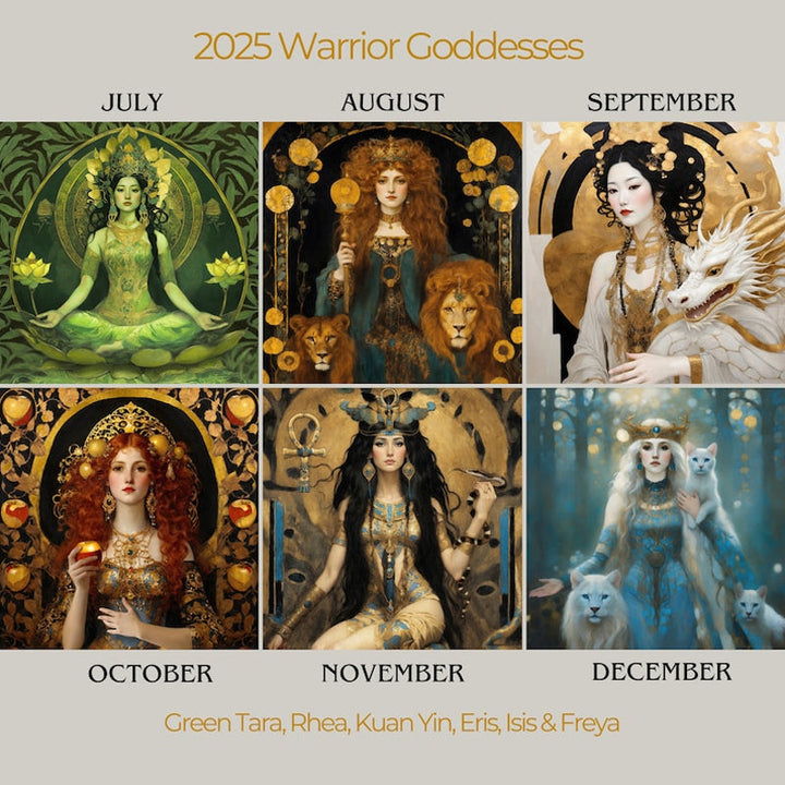 Close-up of Art Nouveau goddess artwork on 2025 Moon Phase Calendar, spiritual gift
