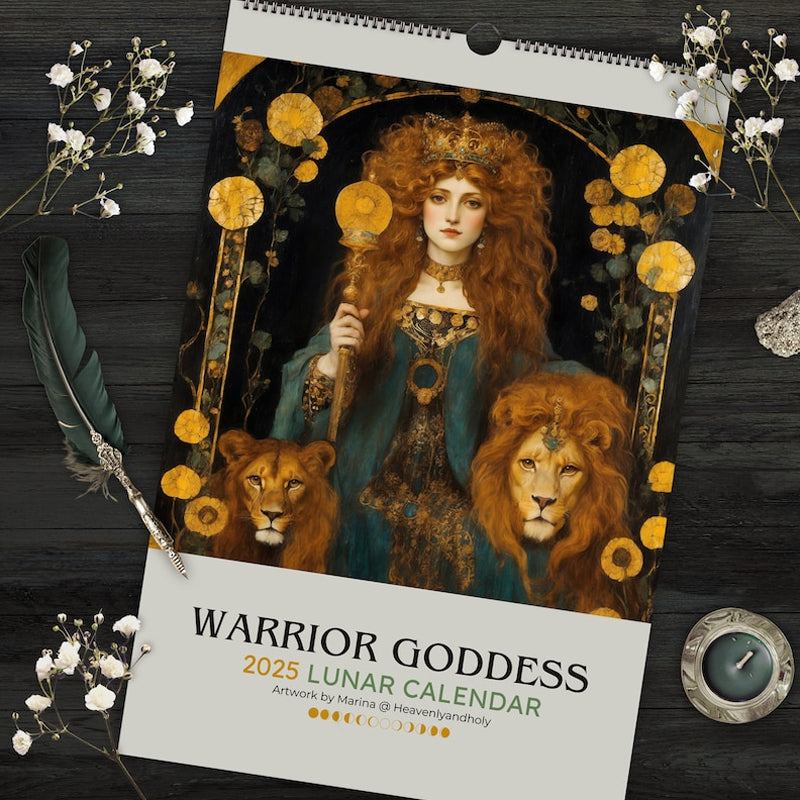 Full view of 2025 Moon Phase Calendar, elegant Art Nouveau goddess design, eco-friendly