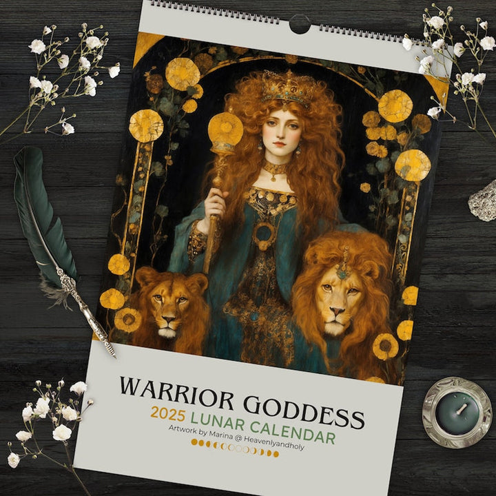 Full view of 2025 Moon Phase Calendar, elegant Art Nouveau goddess design, eco-friendly