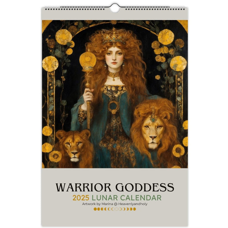 Moon phases detailed on 2025 calendar with beautiful Art Nouveau goddess art