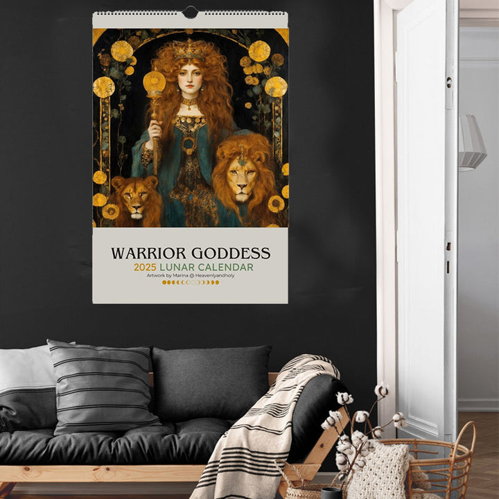 Mystical 2025 calendar showing moon phases and stunning Art Nouveau goddess graphics