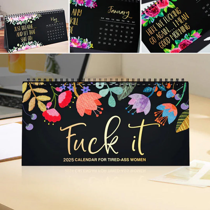A person writing on the 2025 Desk Calendar, featuring an inspirational quote for productivity