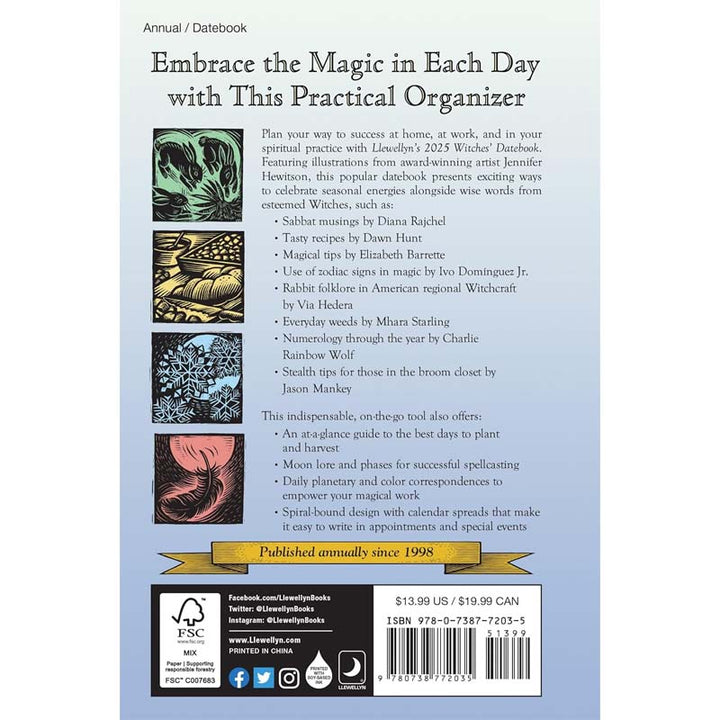 2025 Witches' Datebook open to a section on astrological influences, an occult guide