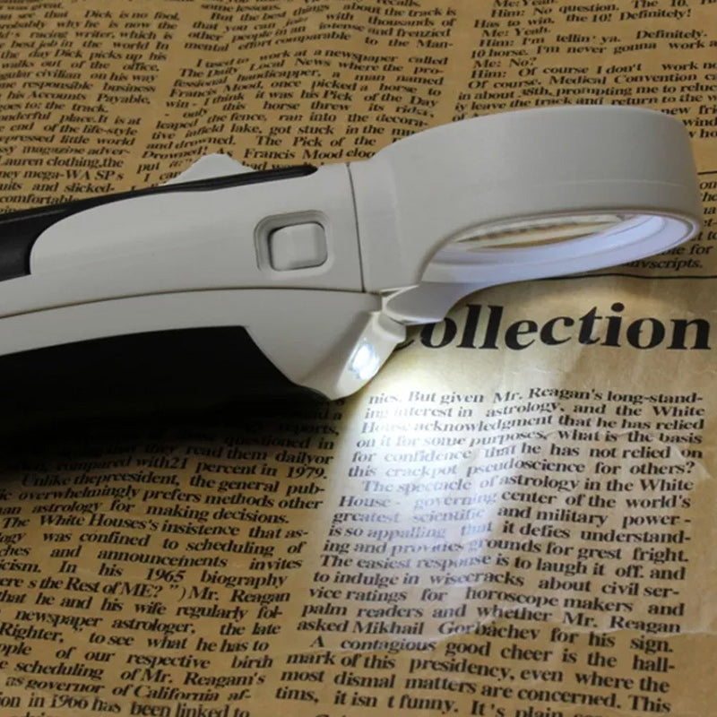 LED magnifying glass 20X, designed for elderly assistance with reading small text easily.