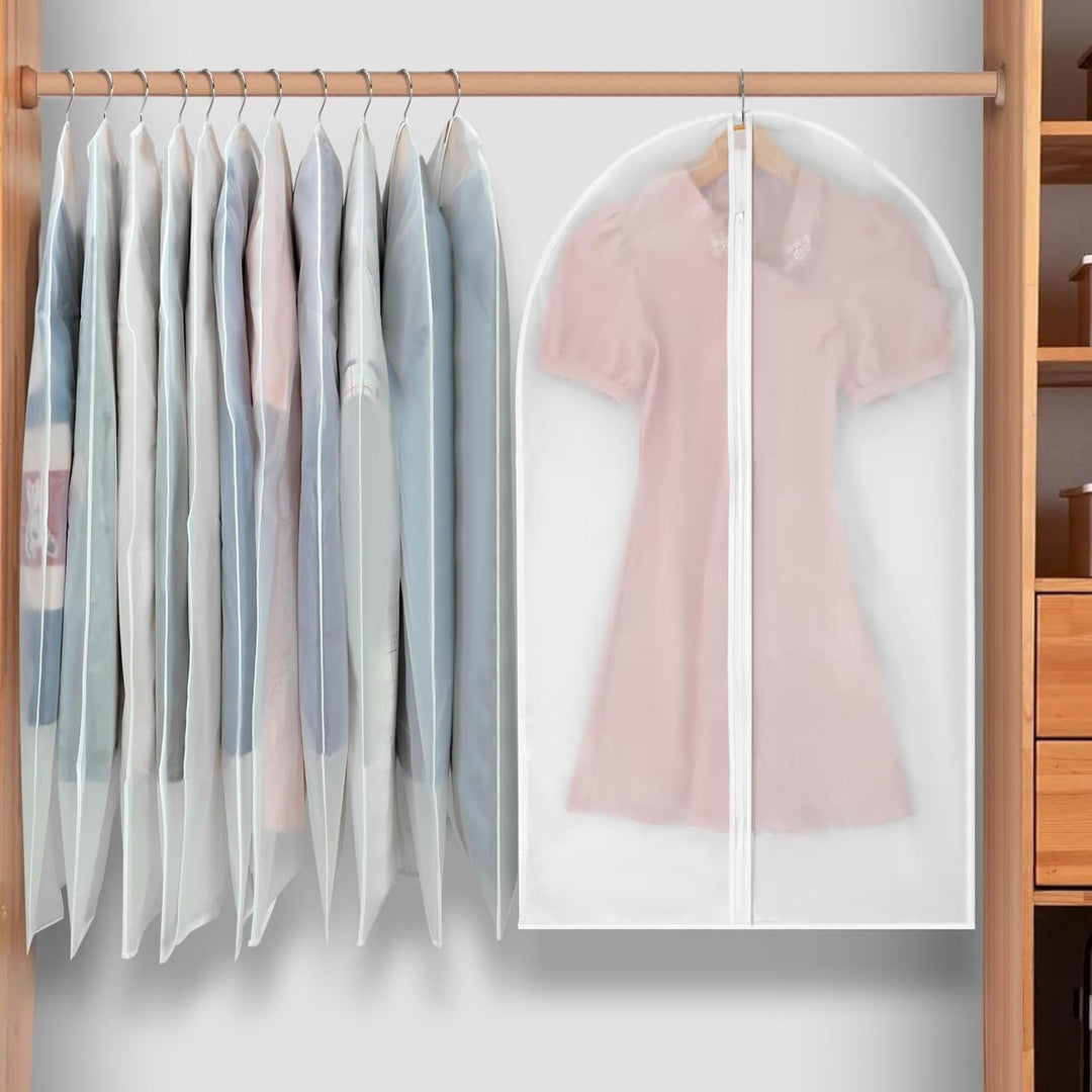 Hanging PEVA garment covers, 24-pack for professional closet organization.