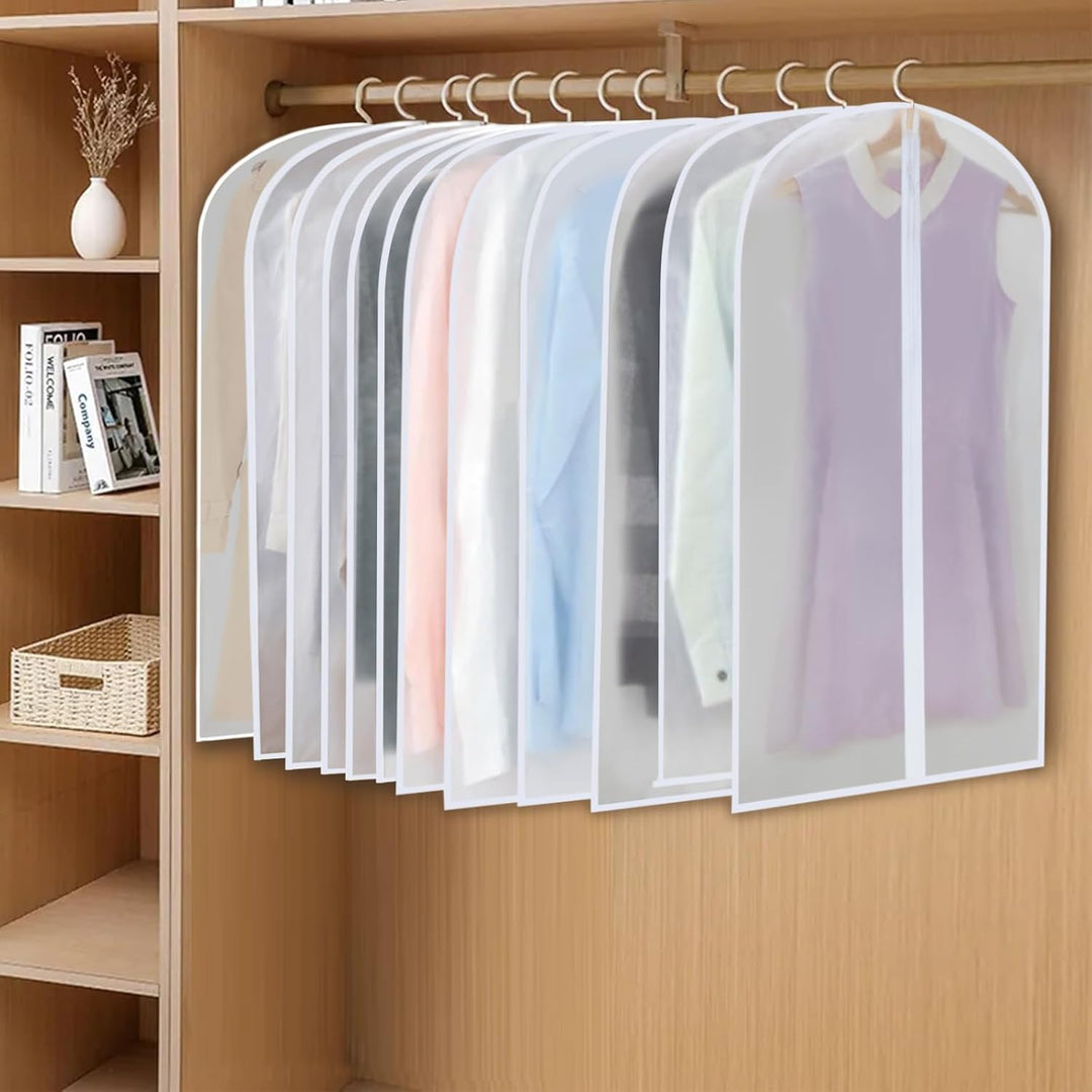 Multi-size PEVA garment bags for closet, keeping your clothes fresh and protected.