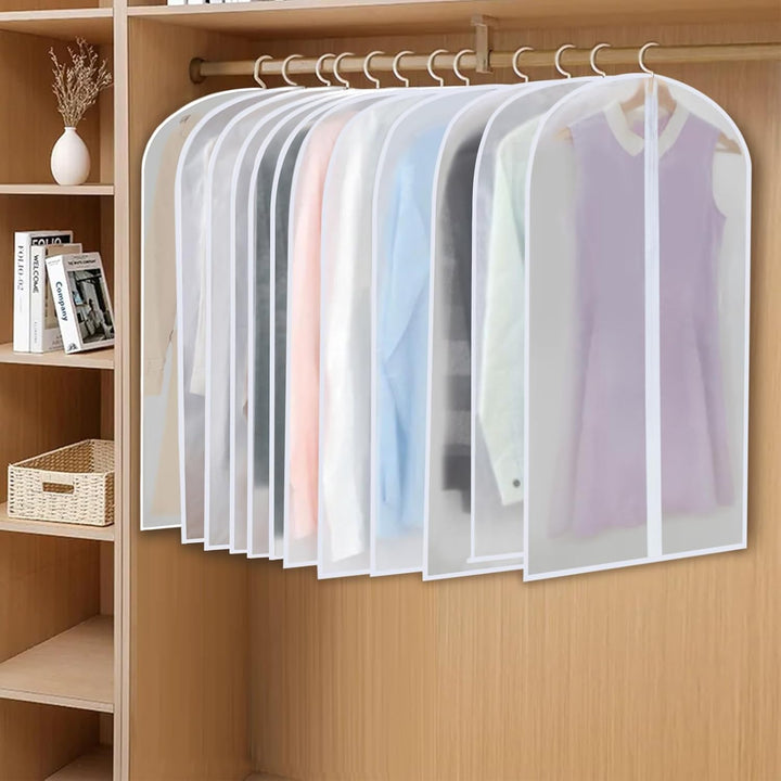 Multi-size PEVA garment bags for closet, keeping your clothes fresh and protected.
