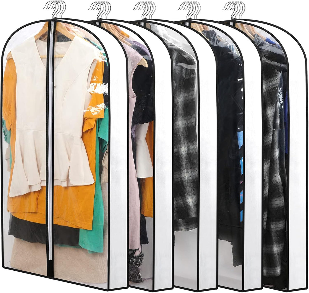 Clear PEVA garment bags, 3 sizes to protect clothes from dust & keep them wrinkle-free.