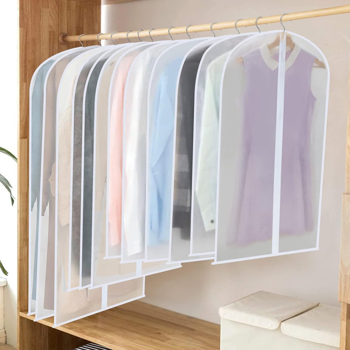 Hanging PEVA wardrobe storage covers, 24-pack for diverse clothing protection & organization.
