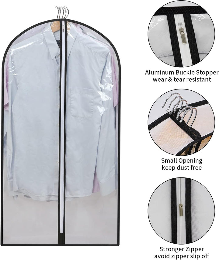 Translucent PEVA suit & dress covers, multi-size for home organization & dust prevention.