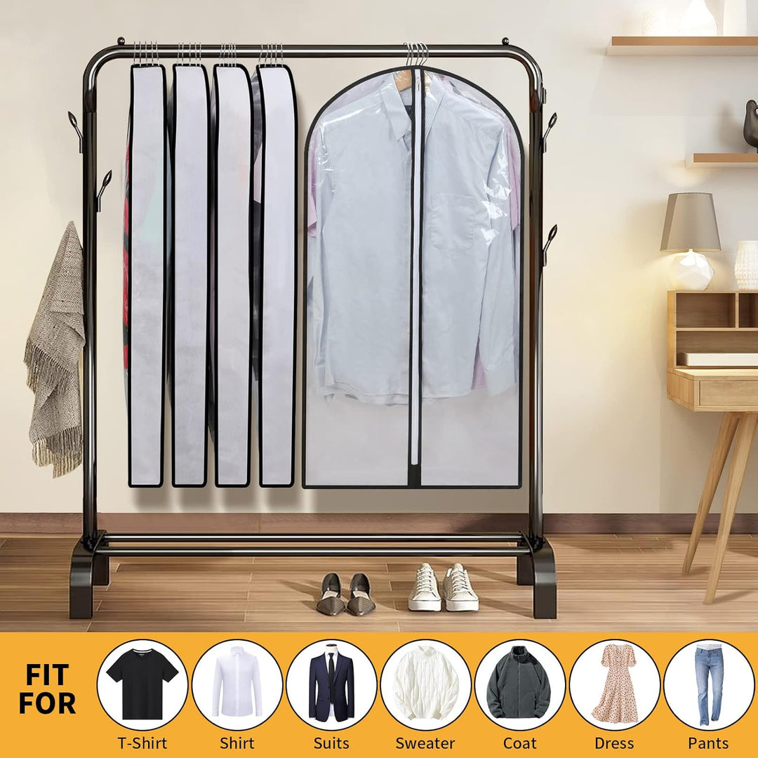 Versatile PEVA garment storage bags, 3 sizes for suits, coats, and dresses protection.