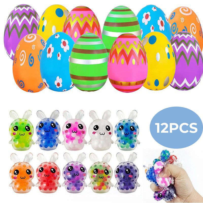 Kids' Easter egg set featuring 24 vibrant eggs, each containing a unique stress relief squeeze toy.