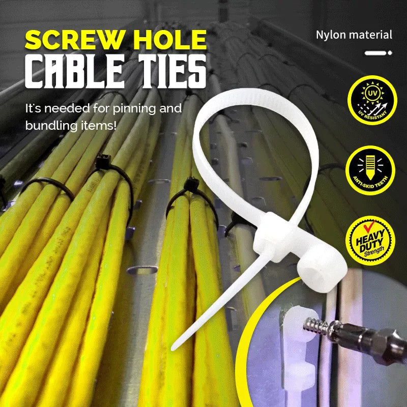 Close-up of a self-locking nylon screw-mount cable tie for wire organization and fastening