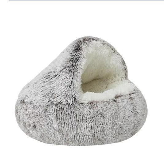 "2-in-1 Cosy Dog Cuddle Cave Bed in plush material, semi-enclosed for comfort and warmth, ideal for pets in all seasons."