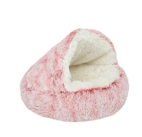 "2-in-1 Cosy Dog Cuddle Cave Bed in plush material, semi-enclosed for comfort and warmth, ideal for pets in all seasons."