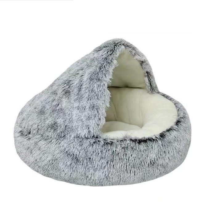 "2-in-1 Cosy Dog Cuddle Cave Bed in plush material, semi-enclosed for comfort and warmth, ideal for pets in all seasons."