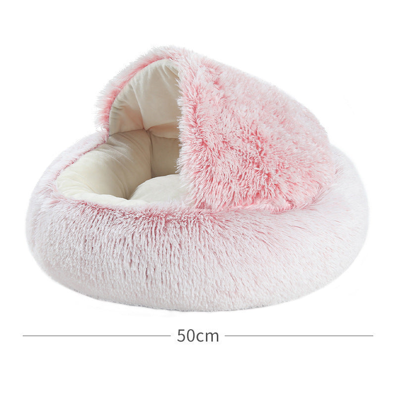 "2-in-1 Cosy Dog Cuddle Cave Bed in plush material, semi-enclosed for comfort and warmth, ideal for pets in all seasons."