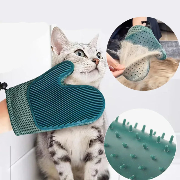 "2in1 cat grooming glove with soft nubs, blue, offers gentle pet care, massage effect, and easy hair removal for cats."