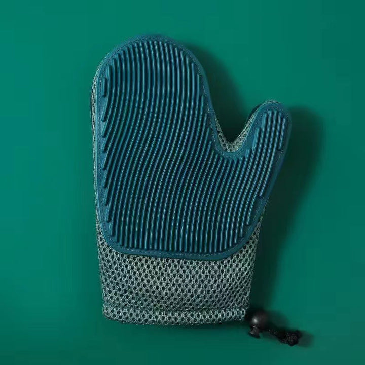"2in1 cat grooming glove with soft nubs, blue, offers gentle pet care, massage effect, and easy hair removal for cats."
