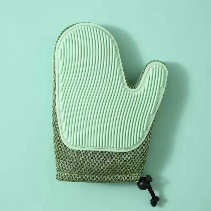 "2in1 cat grooming glove with soft nubs, blue, offers gentle pet care, massage effect, and easy hair removal for cats."