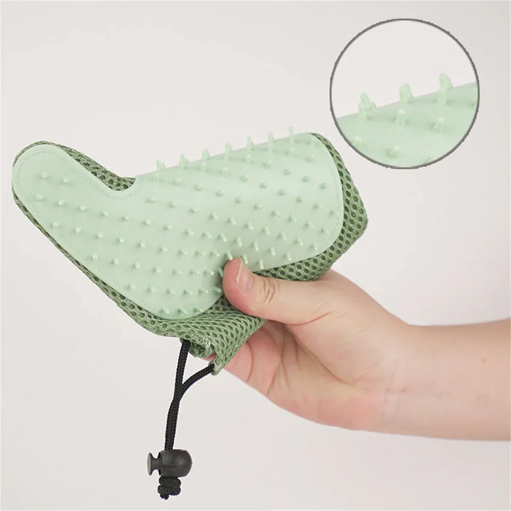 "2in1 cat grooming glove with soft nubs, blue, offers gentle pet care, massage effect, and easy hair removal for cats."