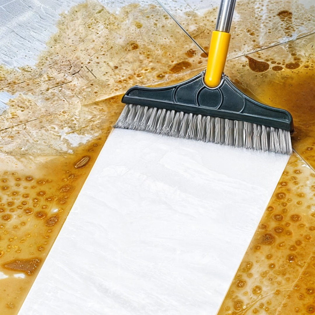 2-in-1 floor scrub brush with V-shaped bristles, rotating head, and rubber scraper for versatile cleaning of corners and surf