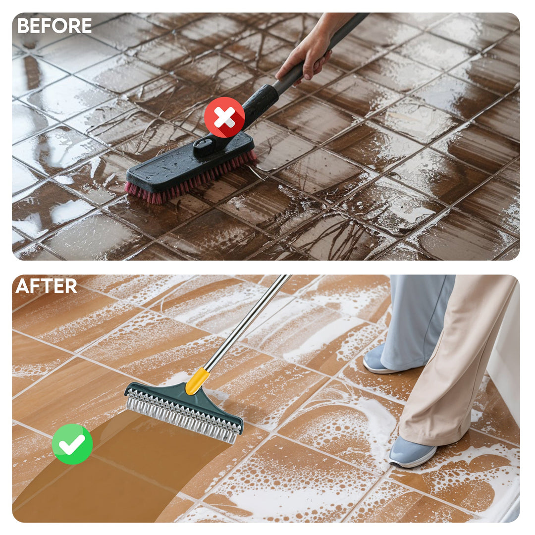 2-in-1 floor scrub brush with V-shaped bristles, rotating head, and rubber scraper for versatile cleaning of corners and surf