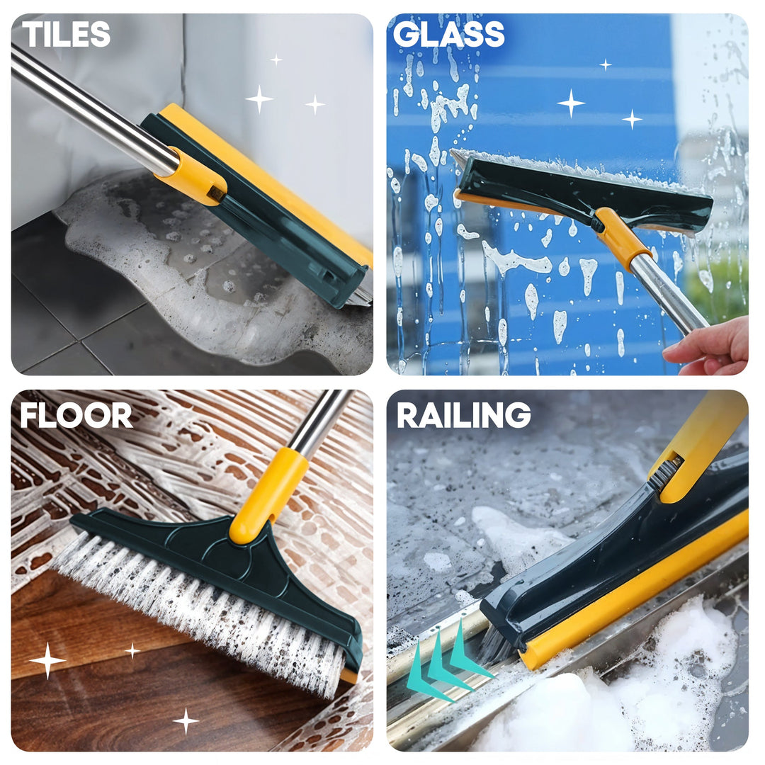2-in-1 floor scrub brush with V-shaped bristles, rotating head, and rubber scraper for versatile cleaning of corners and surf