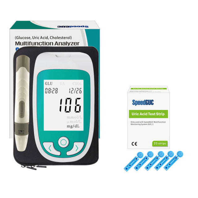 Quick-result health monitor: measures glucose, cholesterol, and uric acid. Convenient personal medical testing.