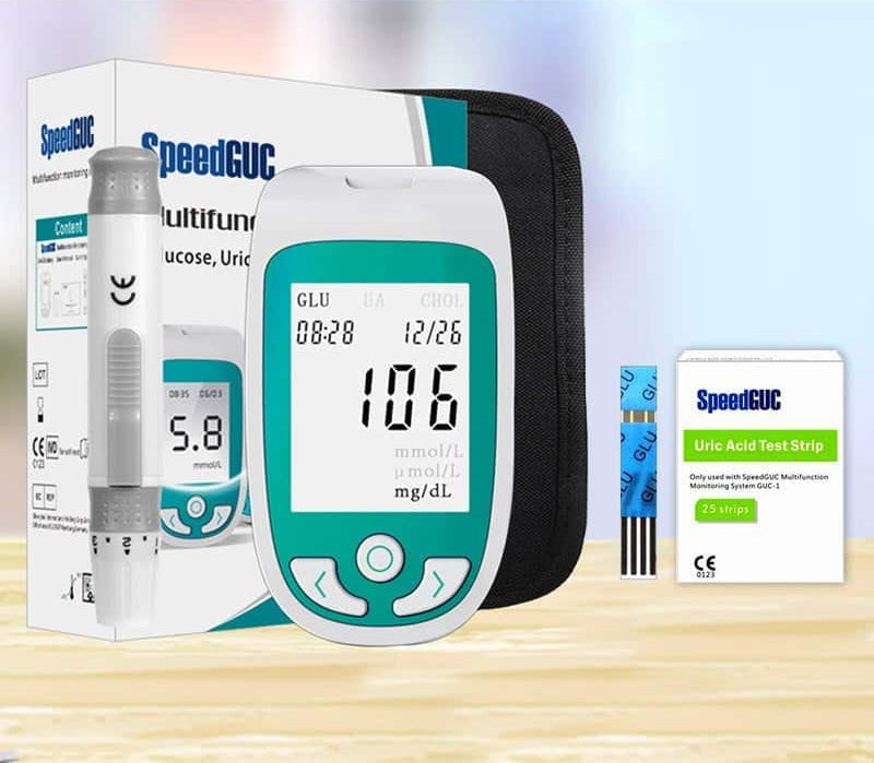 Sleek health monitor device displaying glucose, cholesterol, and uric acid results. Comprehensive wellness tool.