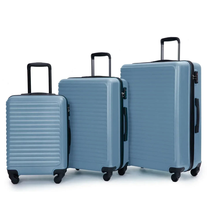 Durable blue ABS hard shell suitcase set (3 pieces) with smooth spinner wheels, ideal for any travel.