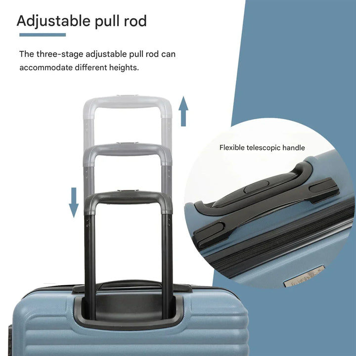 Close-up of a blue ABS hard shell travel suitcase from the 3-piece set, showing textured surface.