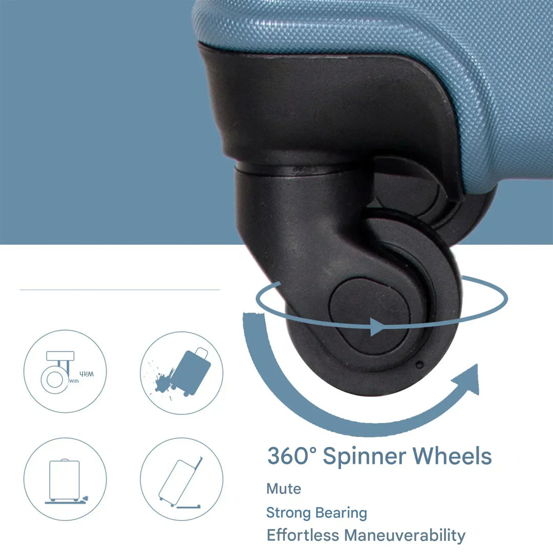 Ergonomic handle and multi-directional spinner wheels on a durable blue ABS hardshell luggage piece.