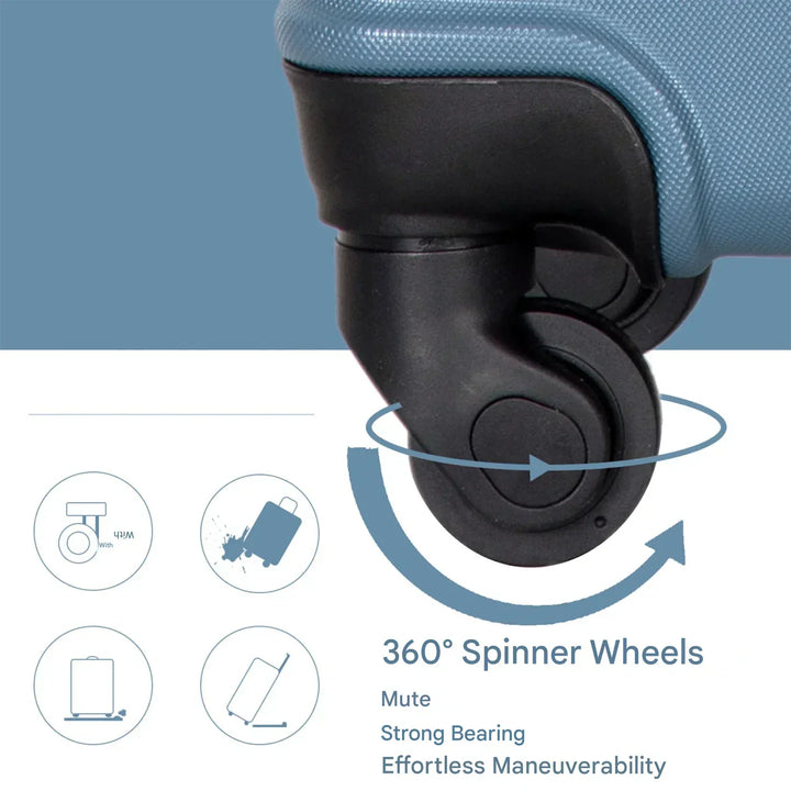 Ergonomic handle and multi-directional spinner wheels on a durable blue ABS hardshell luggage piece.