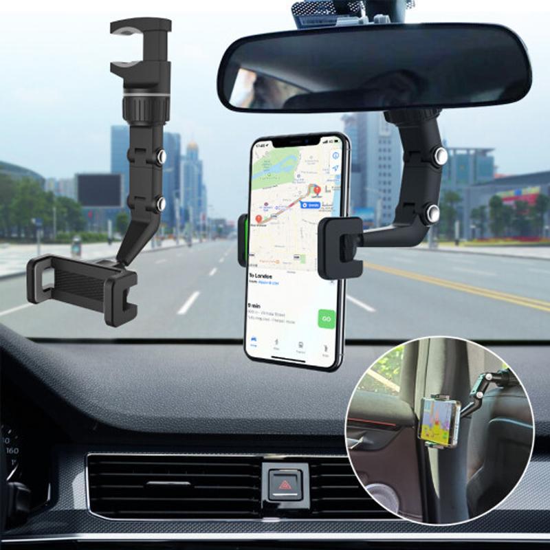 360-degree rotating car phone holder for rear view mirror, adjustable mount for universal smartphones
