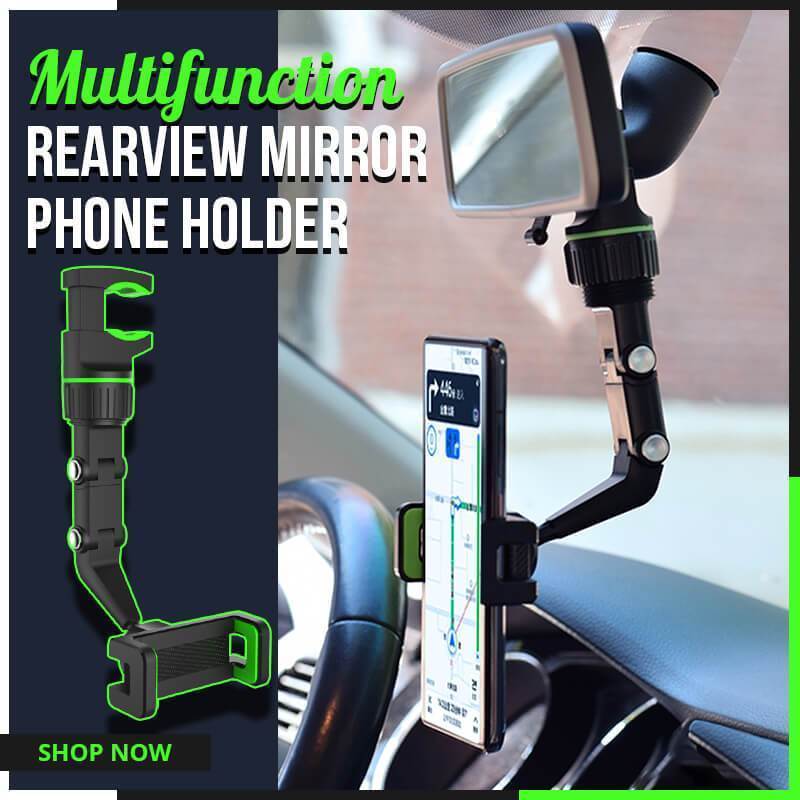 Smartphone stand attached to a car's rear view mirror, showing its 360-degree rotation capability